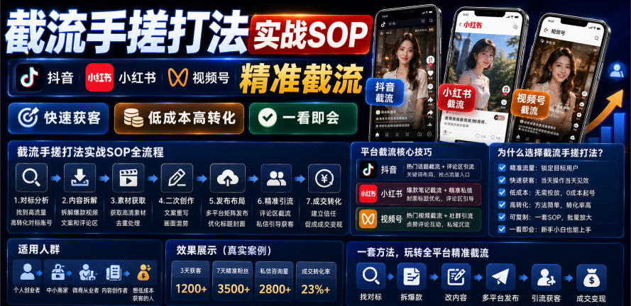 截流手搓打法实战SOP，抖音小红书视频号精准截流，快速获客，低成本高转化，一看即会-一起网赚吧