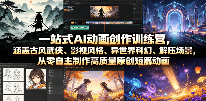 一站式AI动画创作训练营，涵盖古风武侠、影视风格、异世界科幻、解压场景，从零自主制作高质量原创短篇动画-一起网赚吧