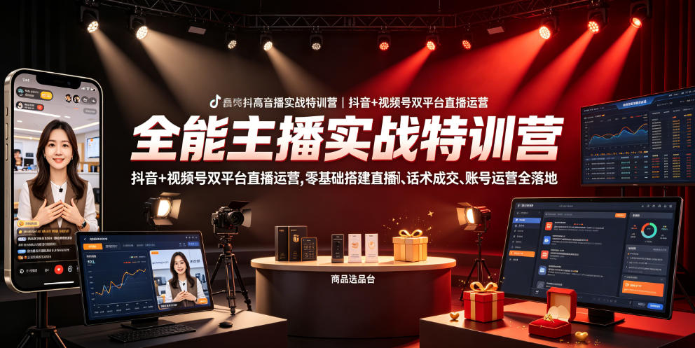 全能主播实战特训营｜抖音+视频号双平台直播运营，零基础搭建直播间、精准选品、话术成交、账号运营全落地-一起网赚吧