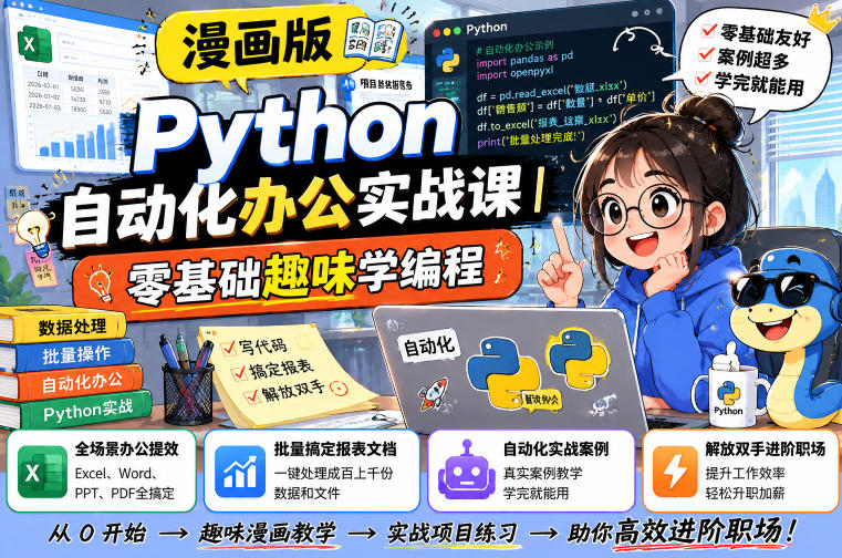 漫画版Python自动化办公实战课｜零基础趣味学编程，全场景办公提效、批量搞定报表文档、解放双手进阶职场-一起网赚吧