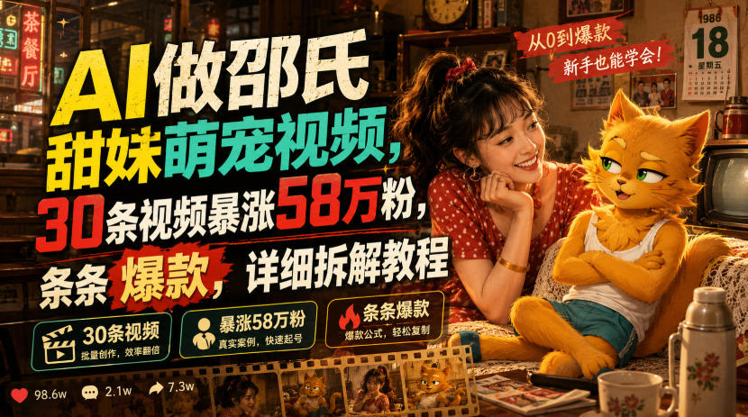 AI做邵氏甜妹萌宠视频，30条视频暴涨58万粉，条条爆款，详细拆解教程-一起网赚吧