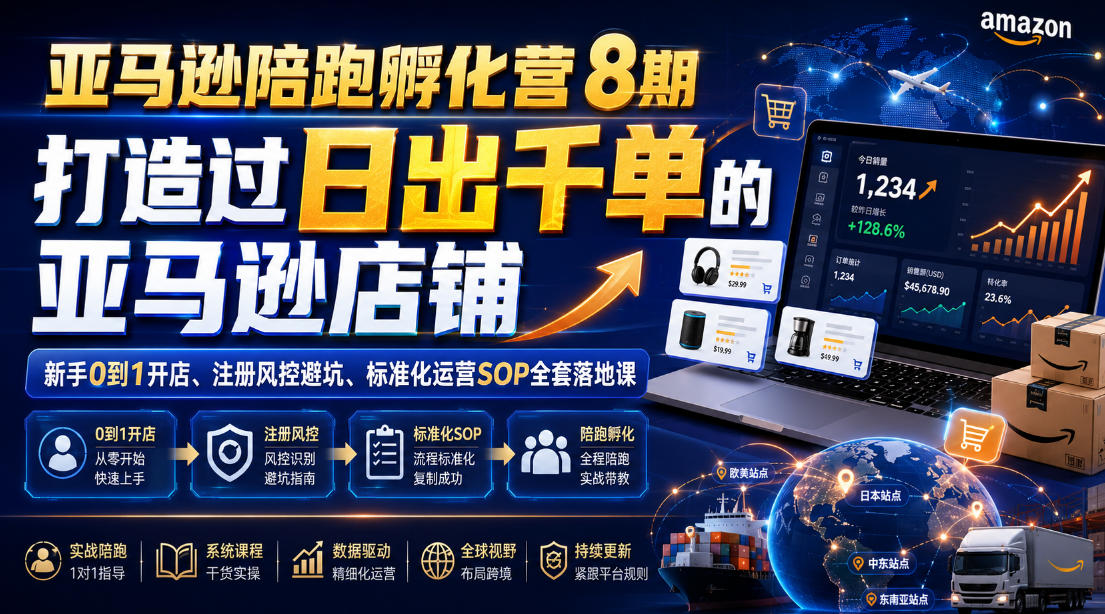 亚马逊陪跑孵化营8期，打造过日出千单的亚马逊店铺，新手0到1开店、注册风控避坑、标准化运营SOP全套落地课-一起网赚吧