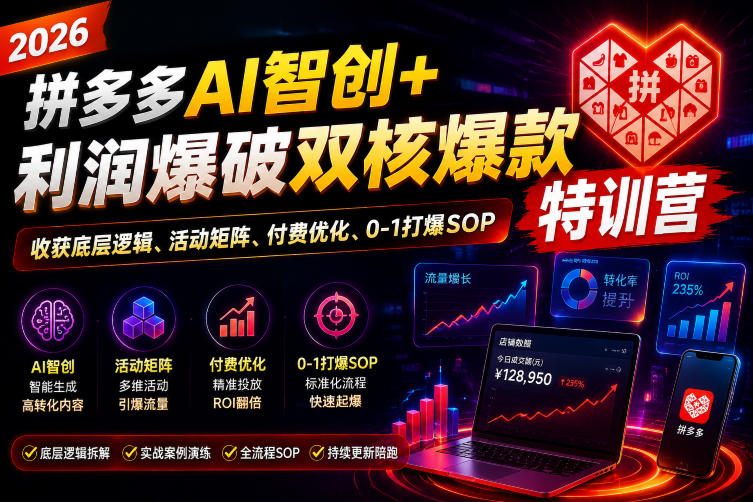 2026拼多多AI智创+利润爆破双核爆款特训营，收获底层逻辑、活动矩阵、付费优化、0-1打爆SOP-一起网赚吧