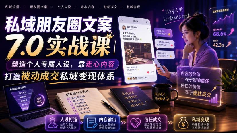 私域朋友圈文案7.0实战课｜塑造个人专属人设，靠走心内容打造被动成交私域变现体系-一起网赚吧