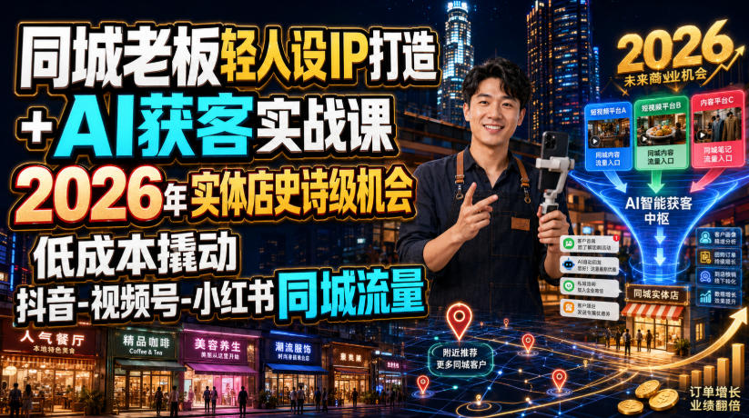 同城老板轻人设IP打造+AI获客实战课，2026年实体店史诗级机会，低成本撬动抖音-视频号-小红书同城流量-一起网赚吧