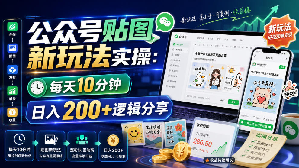 公众号贴图新玩法实操，每天10分钟，日入200+逻辑分享-一起网赚吧