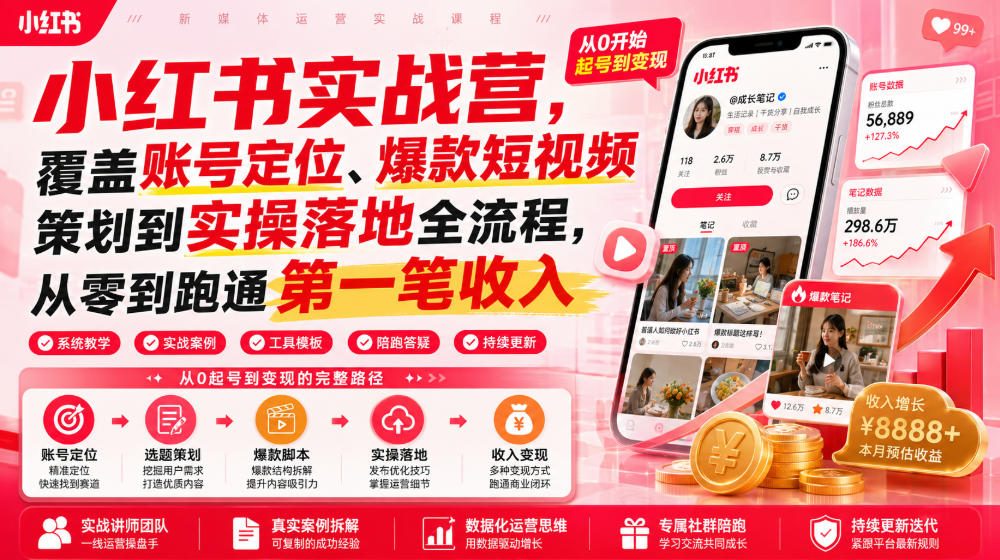 小红书实战营，覆盖账号定位、爆款短视频策划到实操落地全流程，从零到跑通第一笔收入-一起网赚吧