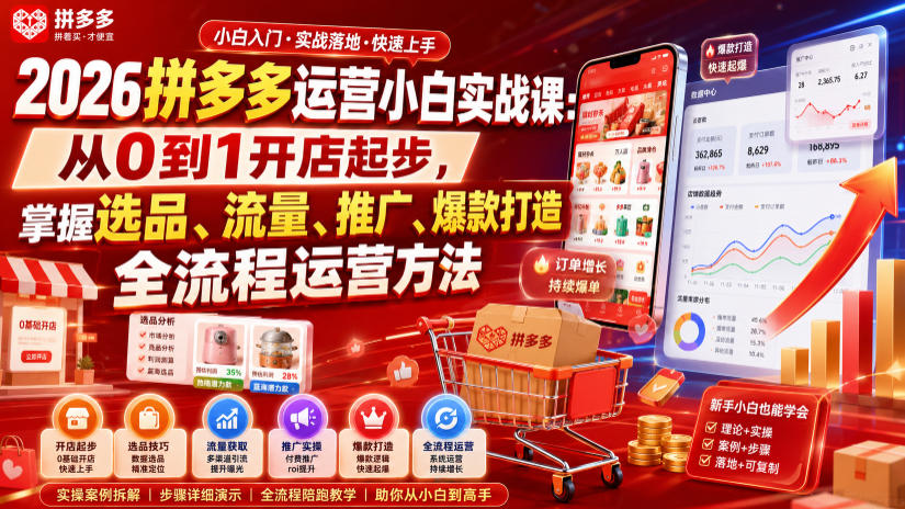 2026拼多多运营小白实战课：从0到1开店起步，掌握选品、流量、推广、爆款打造全流程运营方法-一起网赚吧