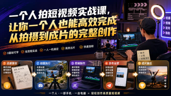 一个人拍短视频实战课，让你一个人也能高效完成从拍摄到成片的完整创作-一起网赚吧