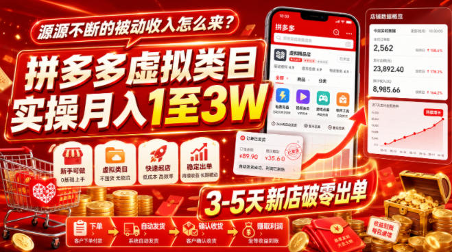 源源不断的被动收入怎么来？拼多多虚拟类目实操月入1至3W，3-5天新店破零出单-一起网赚吧