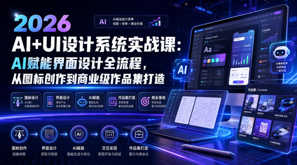 2026 AI+UI设计系统实战课：AI赋能界面设计全流程，从图标创作到商业级作品集打造-一起网赚吧
