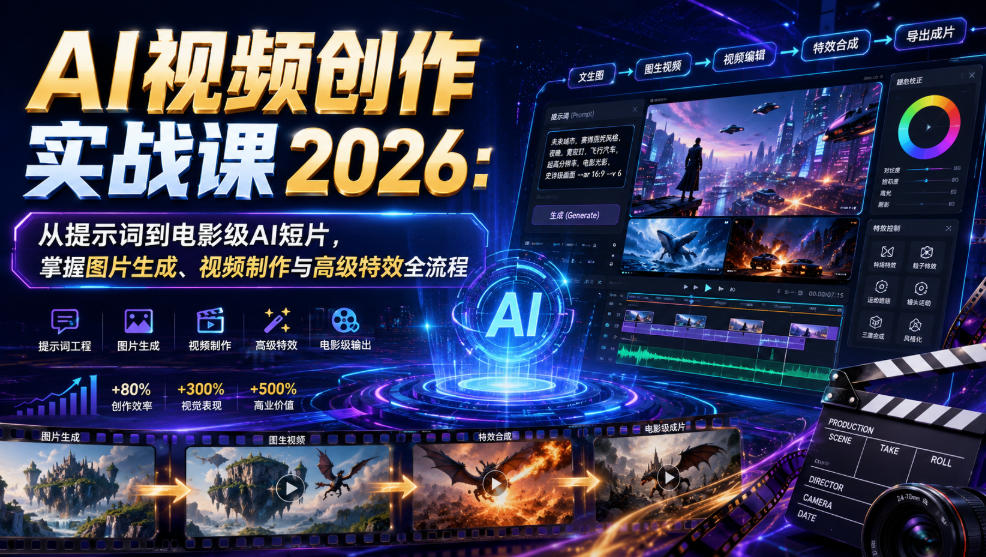 AI视频创作实战课2026：从提示词到电影级AI短片，掌握图片生成、视频制作与高级特效全流程-一起网赚吧