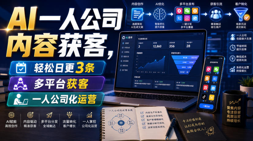 AI一人公司内容获客，轻松日更3条，多平台获客，一人公司化运营（更新）-一起网赚吧