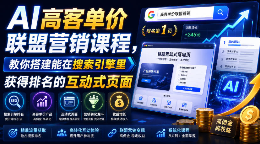 AI高客单价联盟营销课程，教你搭建能在搜索引擎里获得排名的互动式页面，引来流量，把访客转化为高佣金的成交【原创双语字幕】-一起网赚吧