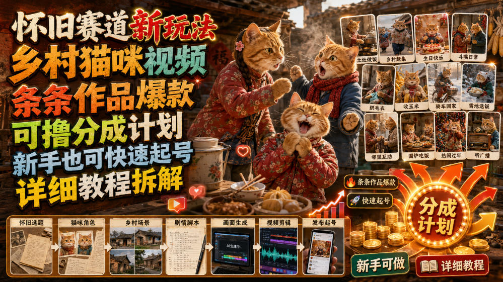 怀旧赛道新玩法，乡村猫咪视频，条条作品爆款，可撸分成计划，新手也可快速起号，详细教程拆解-一起网赚吧
