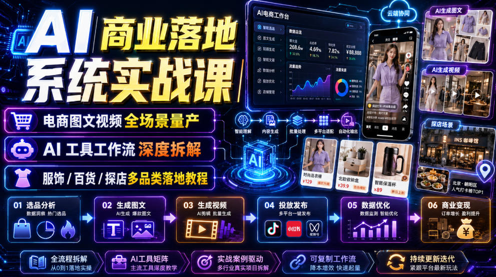 AI商业落地系统实战课｜电商图文视频全场景量产・AI工具工作流深度拆解・服饰/百货/探店多品类落地教程-一起网赚吧