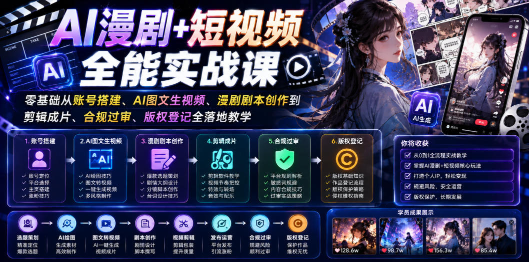 AI漫剧+短视频全能实战课｜零基础从账号搭建、AI图文生视频、漫剧剧本创作到剪辑成片、合规过审、版权登记全落地教学-一起网赚吧