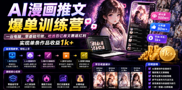 AI漫画推文爆单训练营，一台电脑，零基础可做，吃透百亿推文赛道红利，实现单条作品收益1k+-一起网赚吧