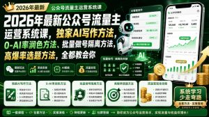 2026年最新公众号流量主运营系统课,独家AI写作方法,0-AI率润色方法、批量做号隔离方法、高爆率选题方法,全都教会你-一起网赚吧