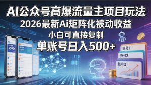 AI公众号高爆流量主项目玩法，2026最新Ai矩阵化被动收益，小白可直接复制，单账号日入500+-一起网赚吧